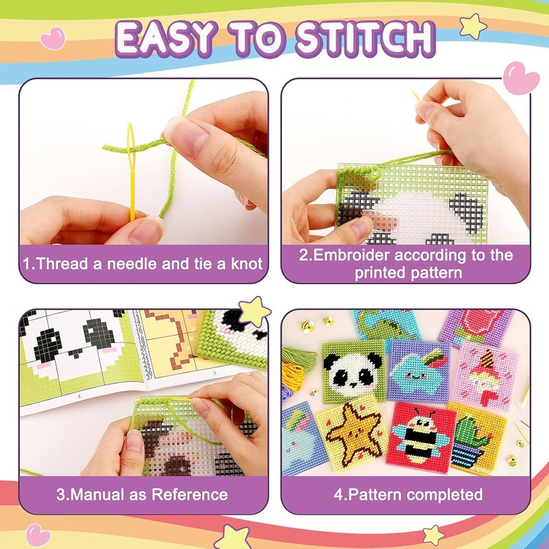 Caydo 8-in-1 Cross Stitch Kit for Beginners Kids, Includes 8 PCS Plastic Canvas with Pre-Patterns, 13 Colors Threads, Instructions, Embroidery Needles for Beginners Sewing - Image 4